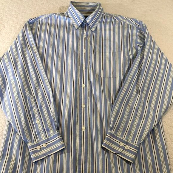Brooks Brothers 1818 Mens Size Large Non-Iron Shirt 100% Cotton Blue Stripe - Picture 2 of 9
